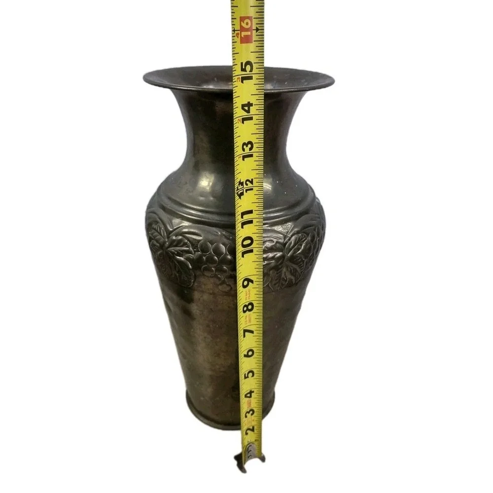 Vintage Distressed Tall Brass Embossed Urn Vase Vessel India 14.5